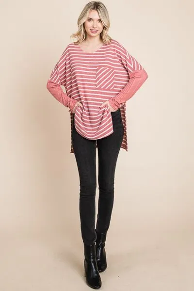 Hazel Blues® |  Culture Code Oversize Striped Round Neck Long Sleeve Slit T-Shirt