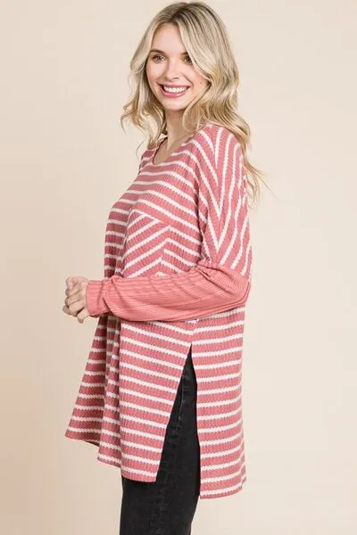 Hazel Blues® |  Culture Code Oversize Striped Round Neck Long Sleeve Slit T-Shirt