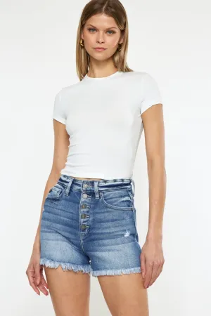 Hazel Blues® |  Kancan Button Fly High Rise Raw Hem Denim Shorts