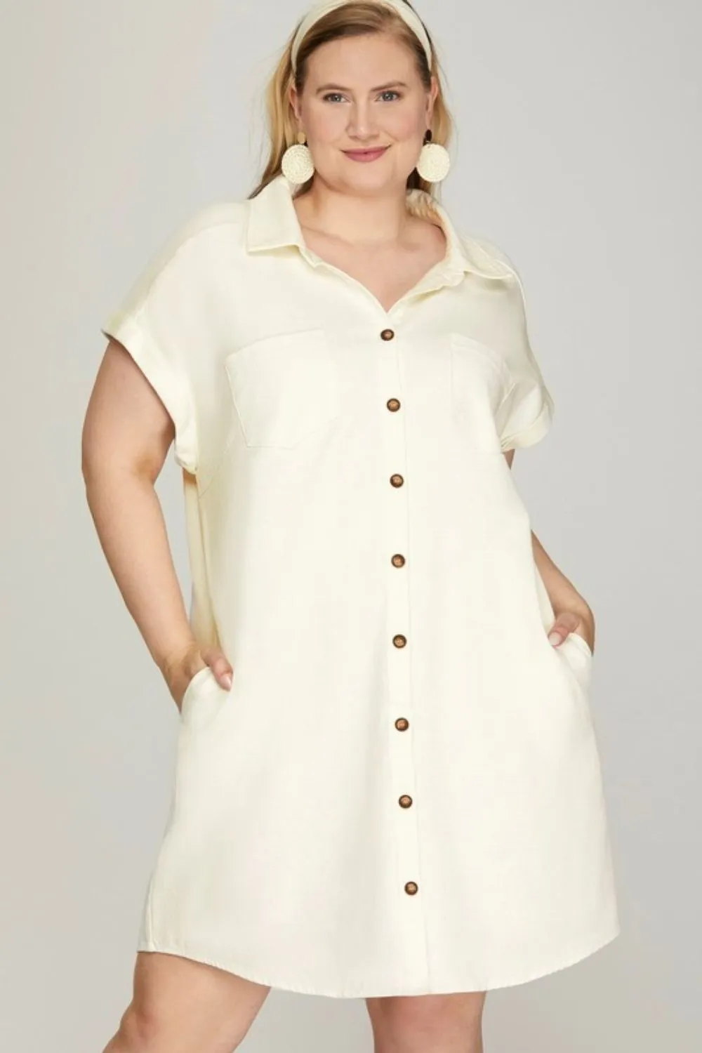 Hazel Blues® | She   Sky Folded Cuff Button Down Washed Twill Shirt Dress