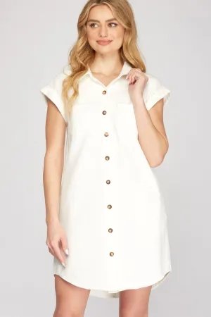 Hazel Blues® | She   Sky Folded Cuff Button Down Washed Twill Shirt Dress