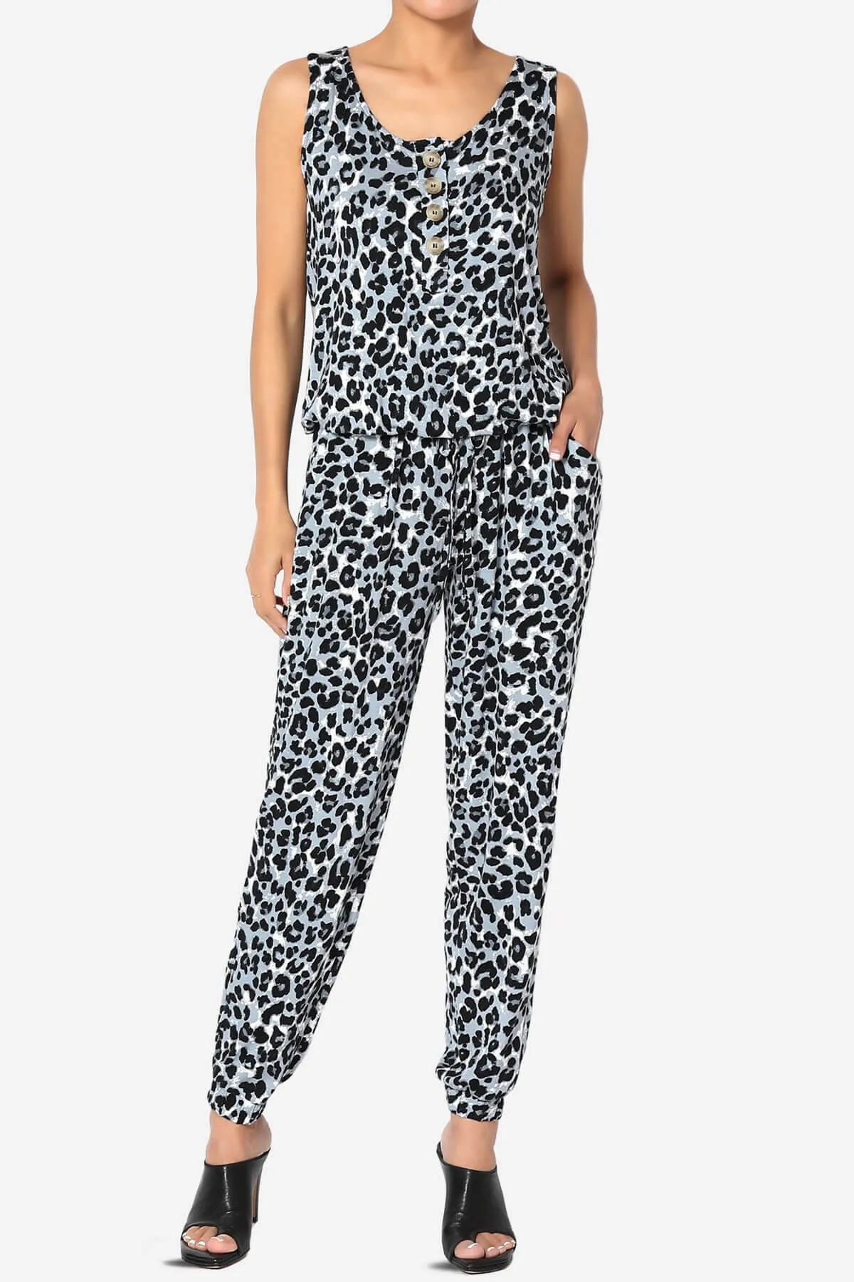 Leopard Print Button Scoop Neck Tank Harem Jumpsuit