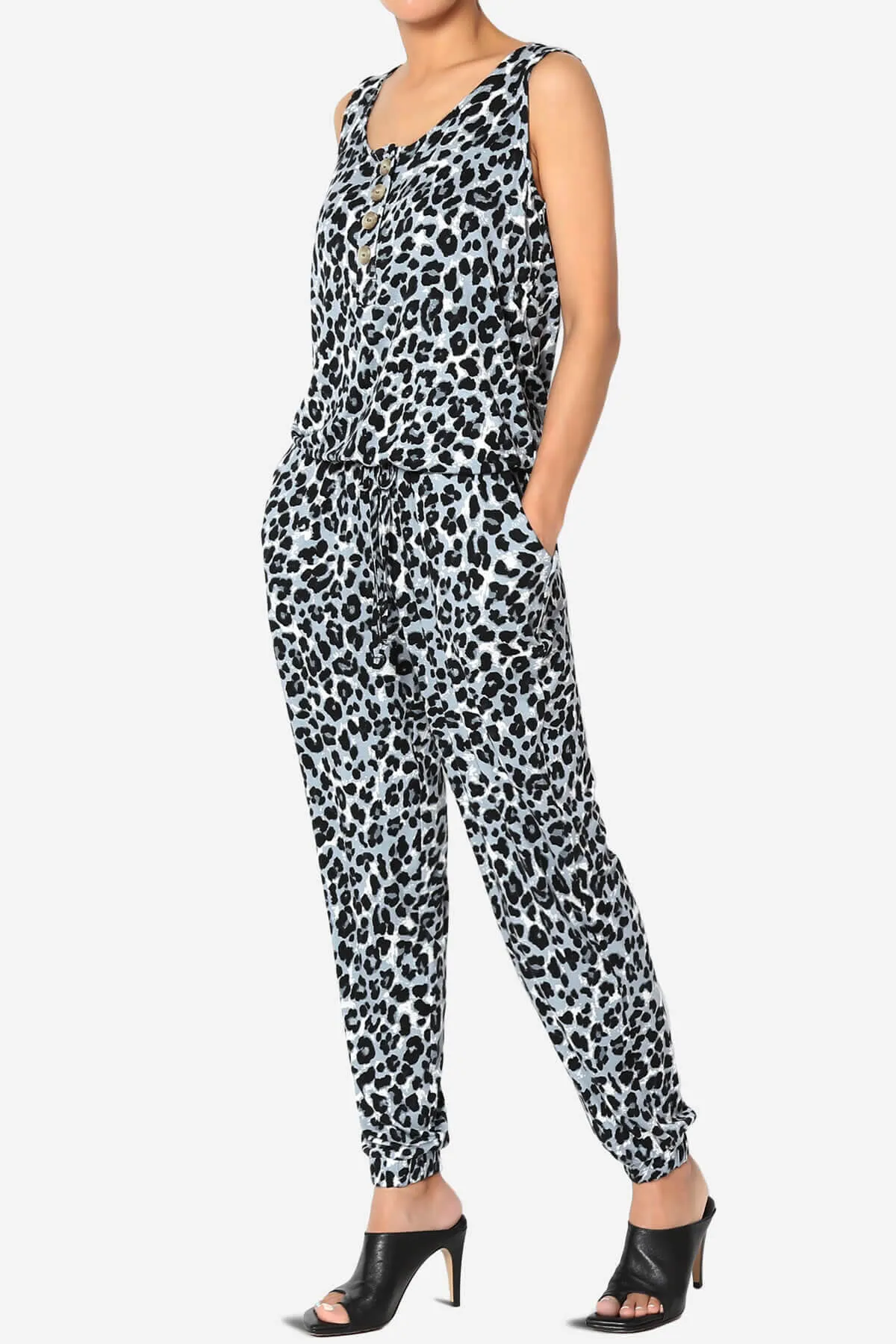 Leopard Print Button Scoop Neck Tank Harem Jumpsuit