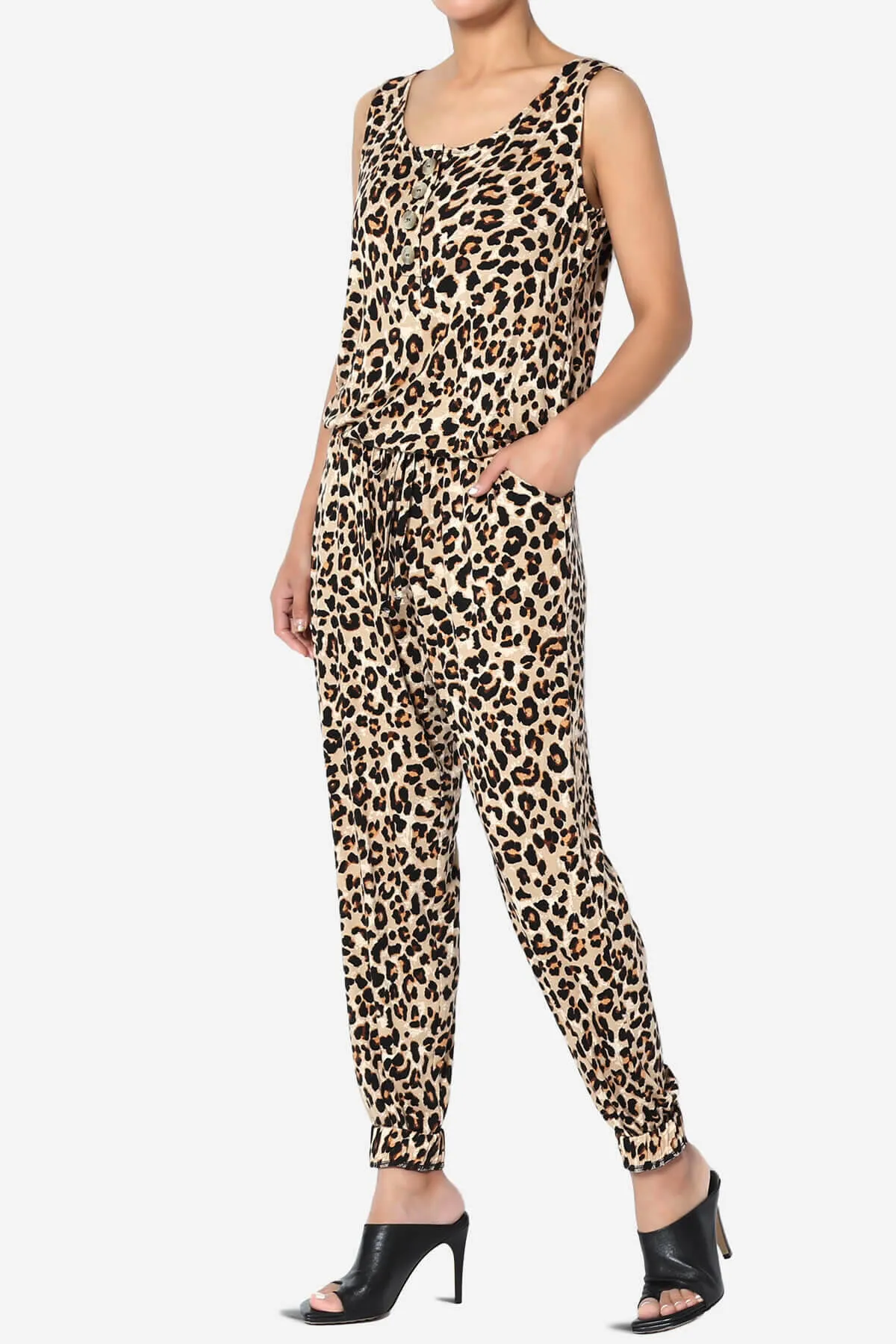 Leopard Print Button Scoop Neck Tank Harem Jumpsuit