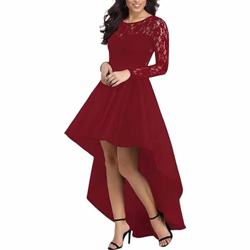 Long Sleeves Lace and Satin Wedding Guest Outfit A Line Bridesmaid Dress High-Low Prom Dress