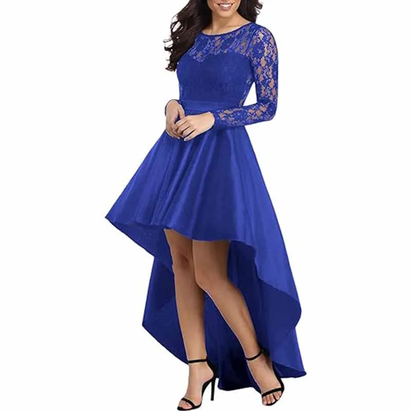 Long Sleeves Lace and Satin Wedding Guest Outfit A Line Bridesmaid Dress High-Low Prom Dress
