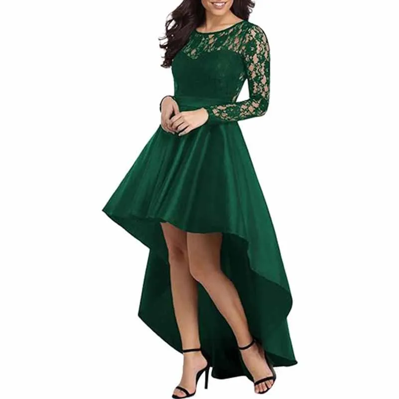 Long Sleeves Lace and Satin Wedding Guest Outfit A Line Bridesmaid Dress High-Low Prom Dress