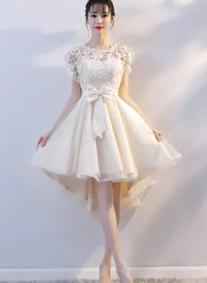 Lovely Champagne Lace High Low Party Dress, Cute Tulle Prom Dress