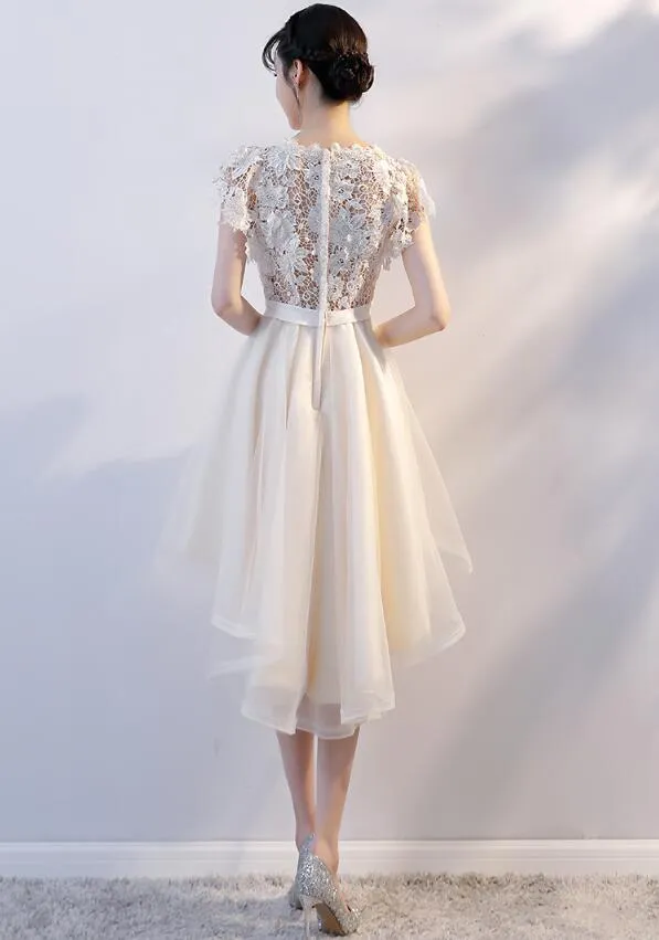 Lovely Champagne Lace High Low Party Dress, Cute Tulle Prom Dress
