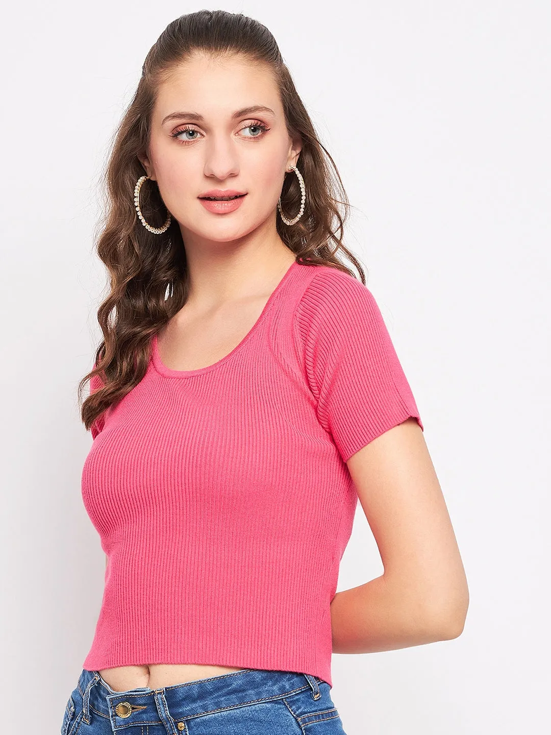 Madame Hot Pink Scoop Neck Crop Top