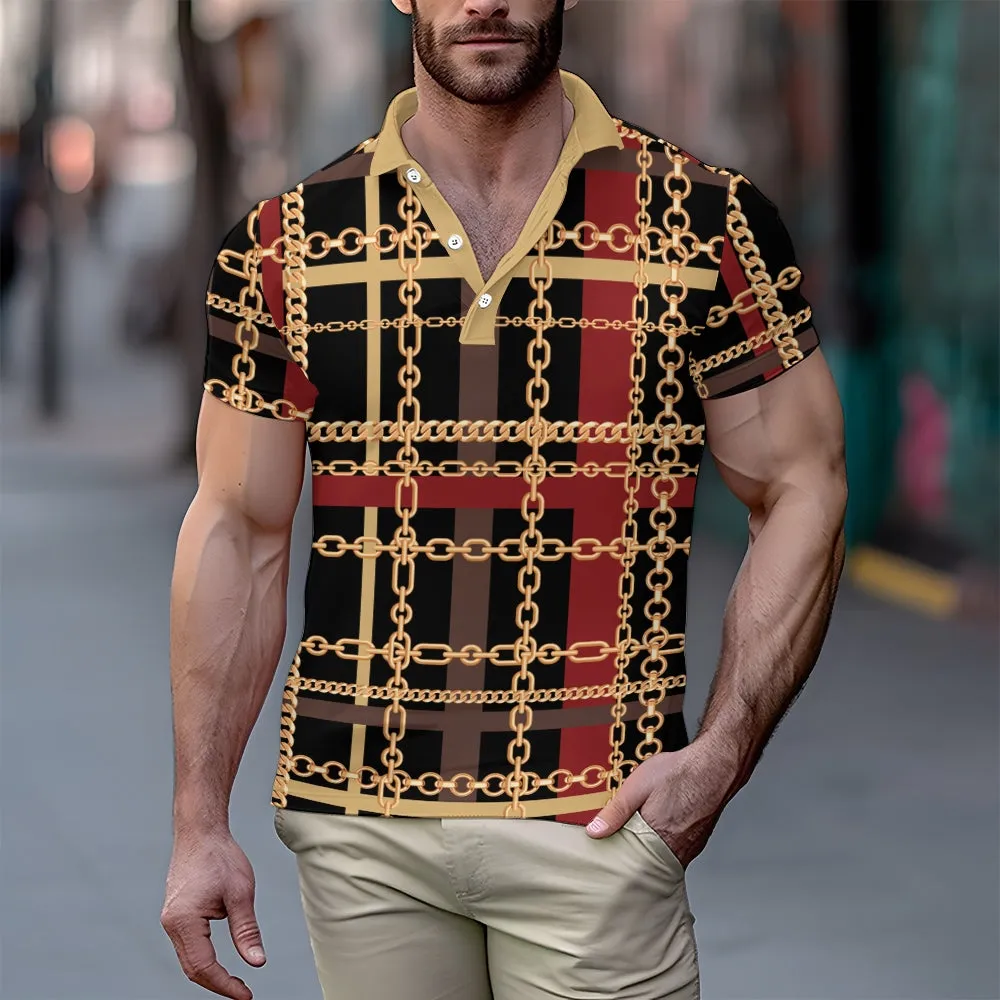 Men's Baroque Chain Print Button Down Short Sleeve Polo 2404001498