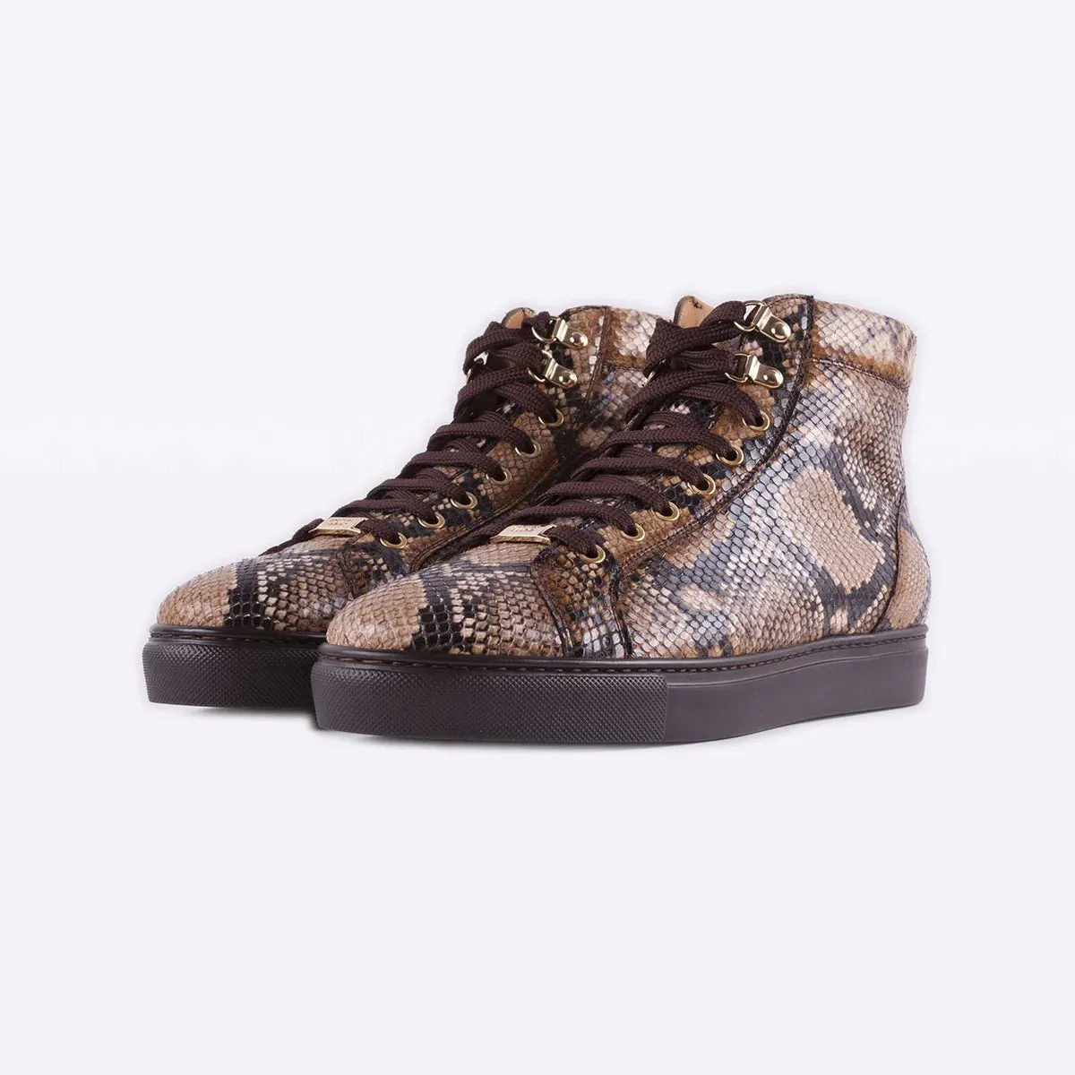 Men's Shoes Brown Python Print / Calf-Skin Leather High-Top Sneakers - Sneaker Shoes