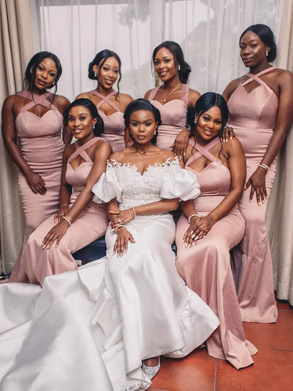 Mismatched Blush Pink Spaghetti-strap Sweetheart Mermaid Long Bridesmaid Dresses, BD3198