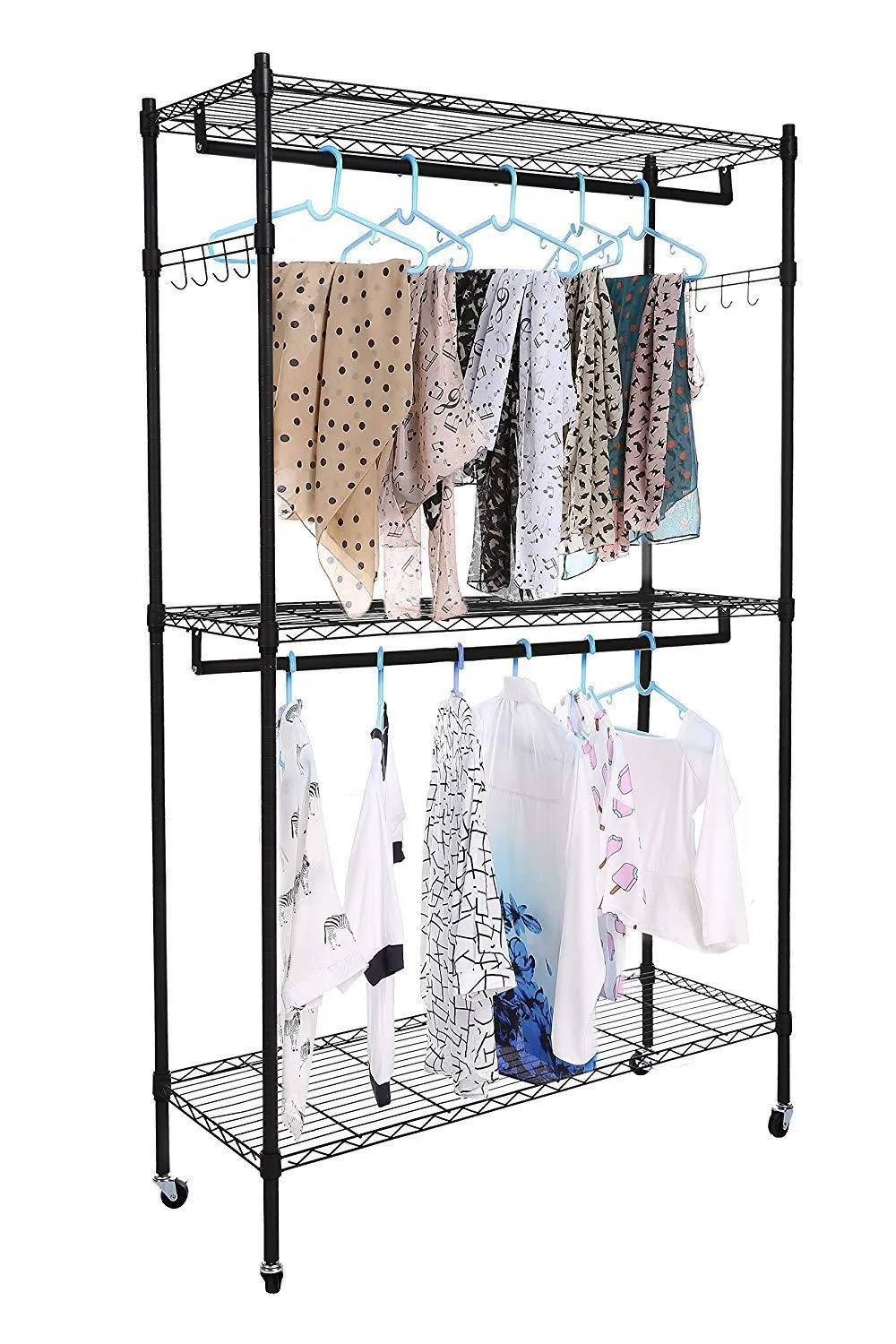 Modrine Double Rod Garment Rack, 3 Tiers Heavy Duty Hanging Closet, with Lockable Rolling Wheels, 2 Side Hooks and 2 Clothes Rods (Black)
