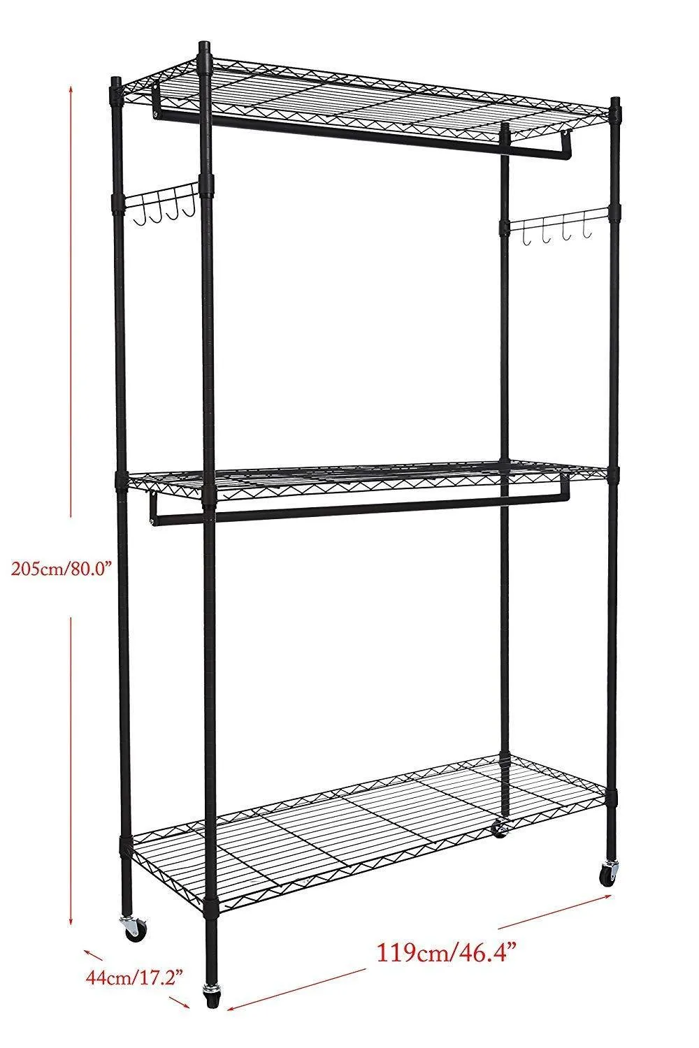Modrine Double Rod Garment Rack, 3 Tiers Heavy Duty Hanging Closet, with Lockable Rolling Wheels, 2 Side Hooks and 2 Clothes Rods (Black)