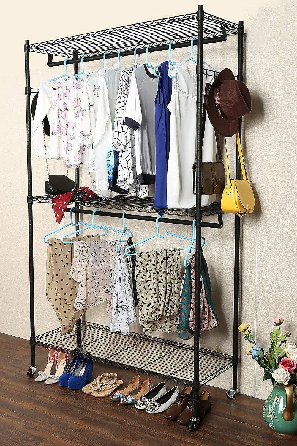 Modrine Double Rod Garment Rack, 3 Tiers Heavy Duty Hanging Closet, with Lockable Rolling Wheels, 2 Side Hooks and 2 Clothes Rods (Black)