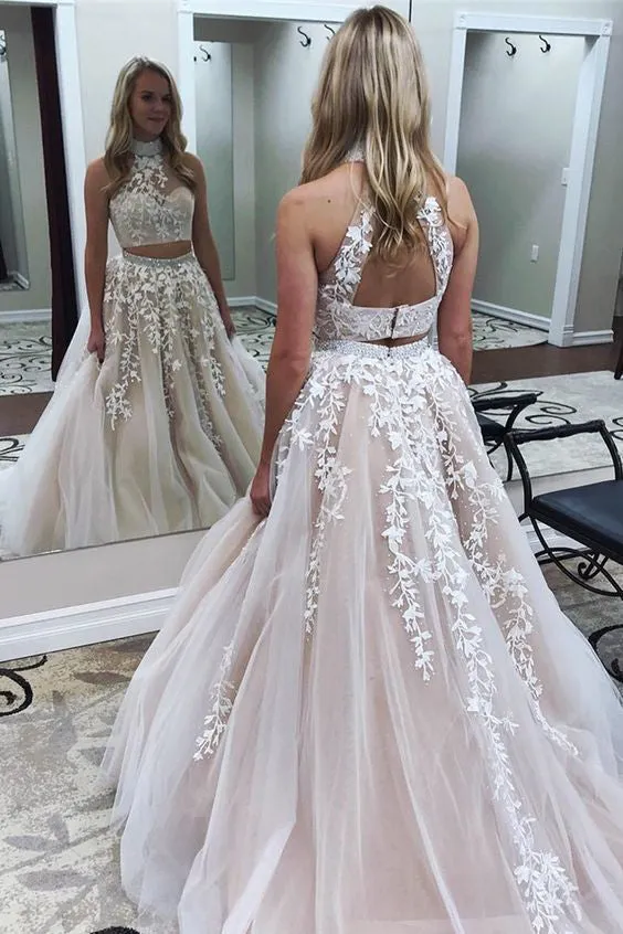 New A Line Two Pieces High Neckline Long Lace Formal Prom Dresses OK732