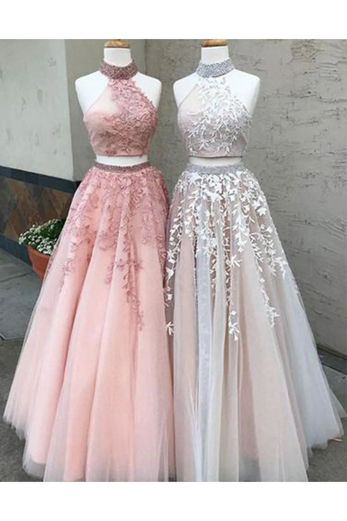New A Line Two Pieces High Neckline Long Lace Formal Prom Dresses OK732
