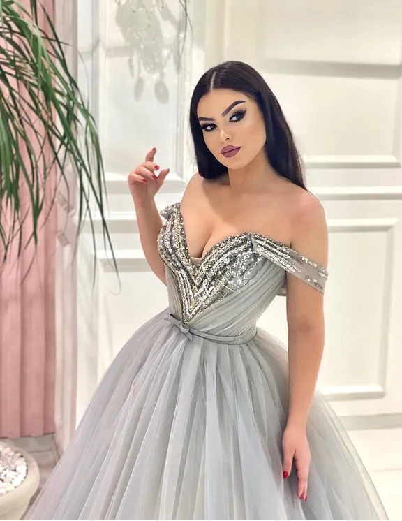 Newest Off-shoulder Tulle A-line Long Prom Dresses Online,SFPD0116