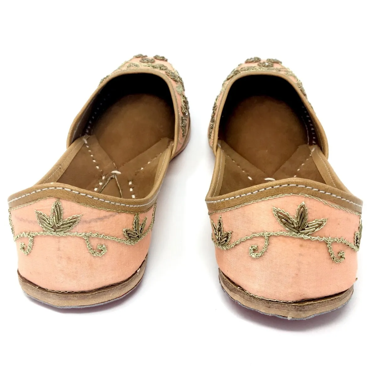 Peach Color Punjabi Jutti / Shoes With Zari Embroidery of Flower and Leaves