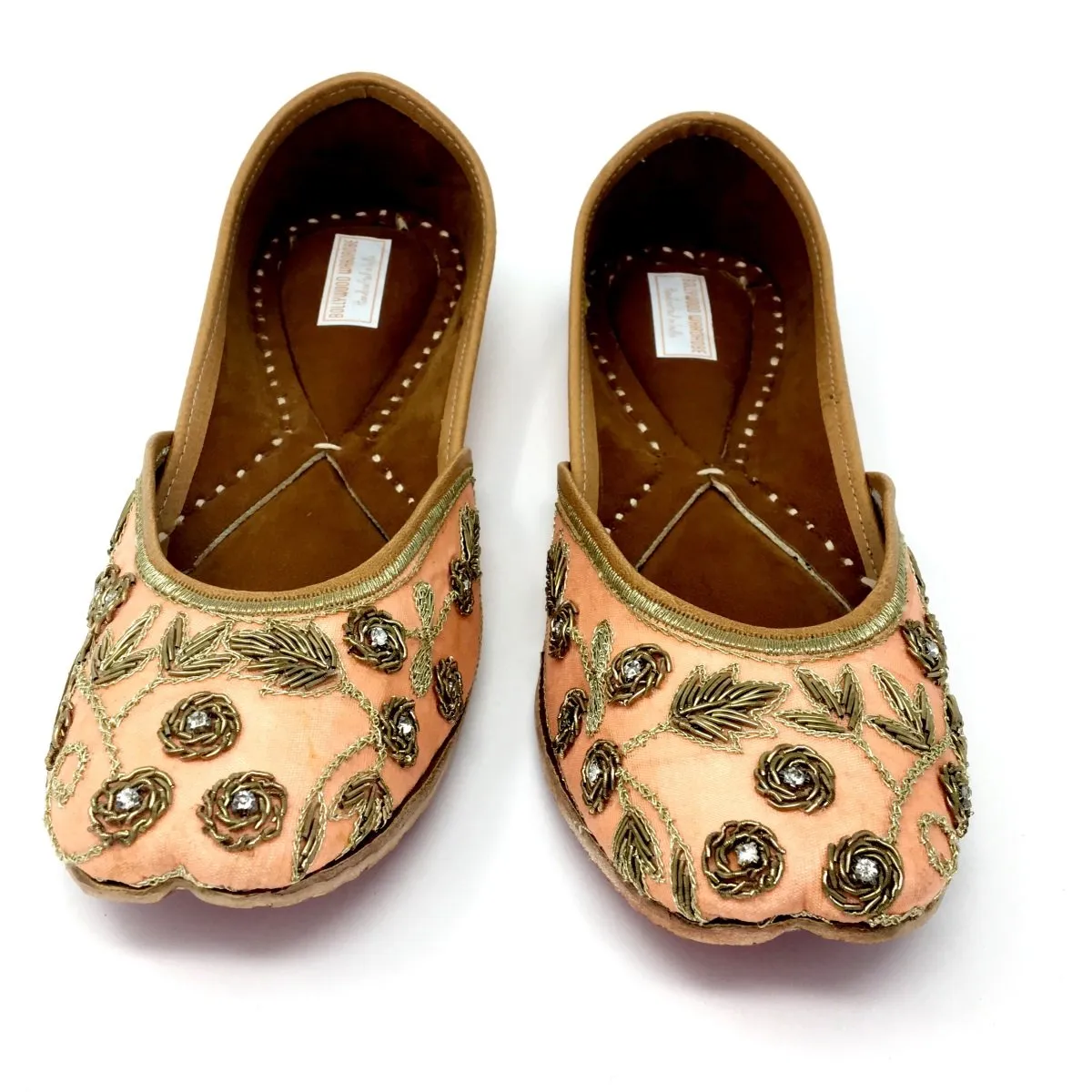 Peach Color Punjabi Jutti / Shoes With Zari Embroidery of Flower and Leaves