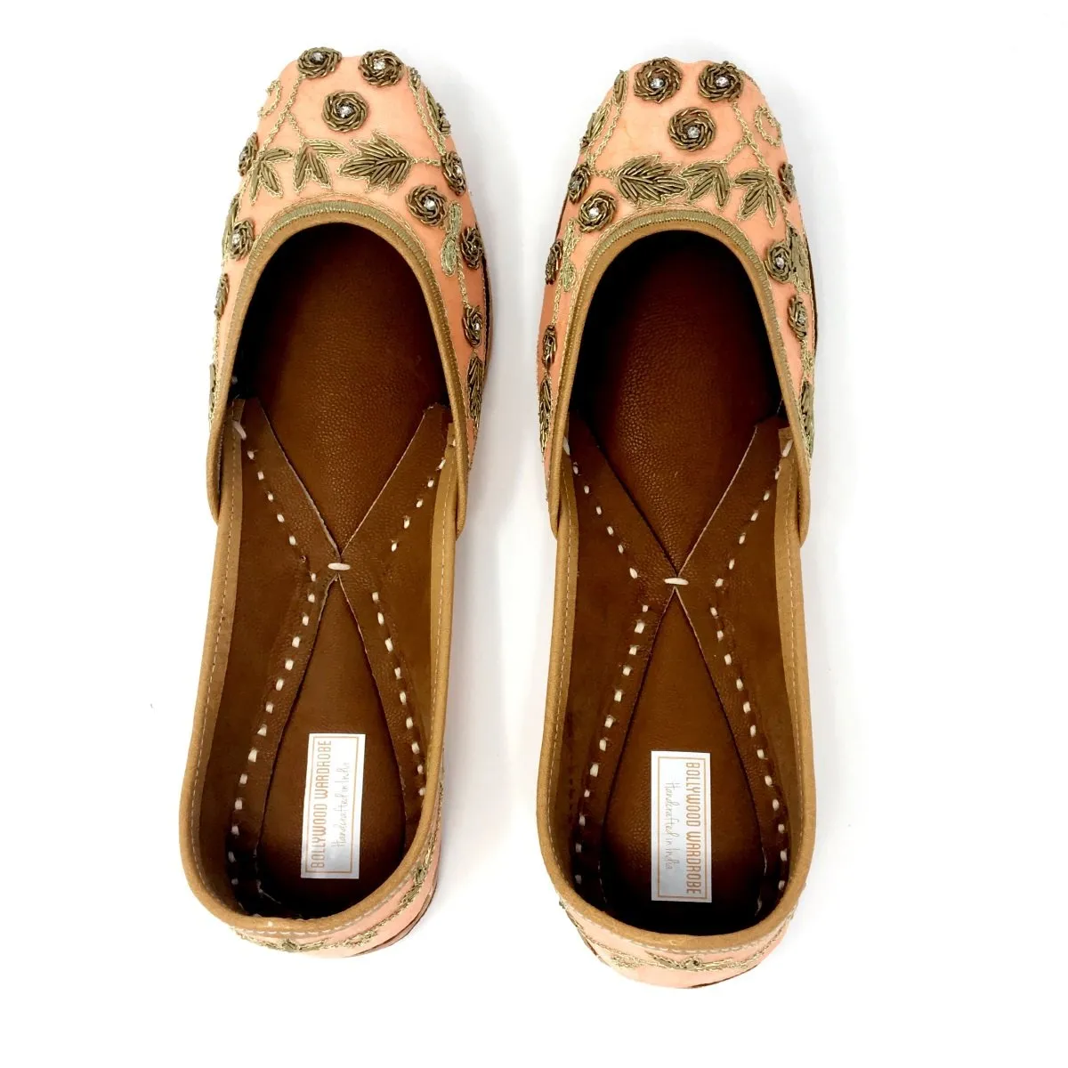Peach Color Punjabi Jutti / Shoes With Zari Embroidery of Flower and Leaves