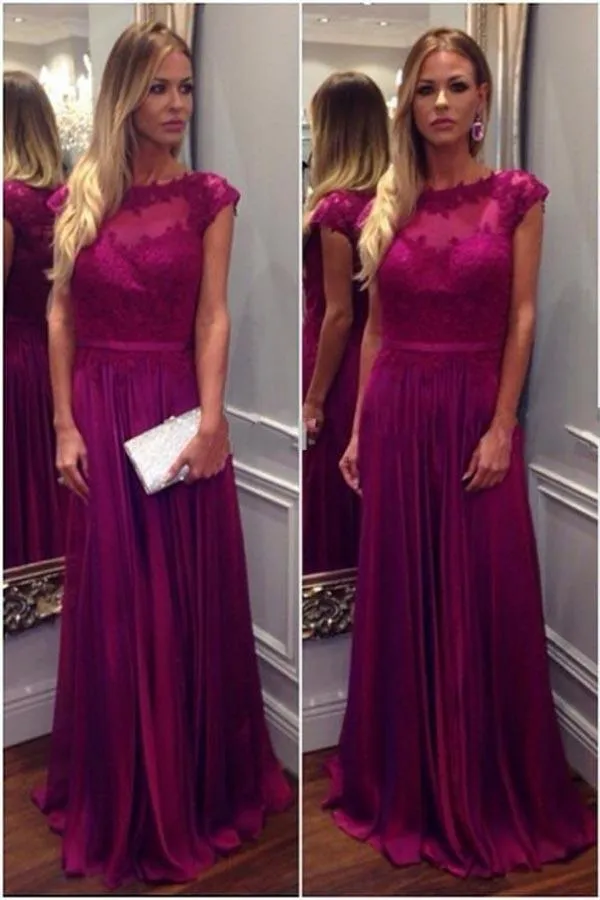 Pink Chiffon A-line High Neck Floor-length Prom Dresses with Appliques, MP322