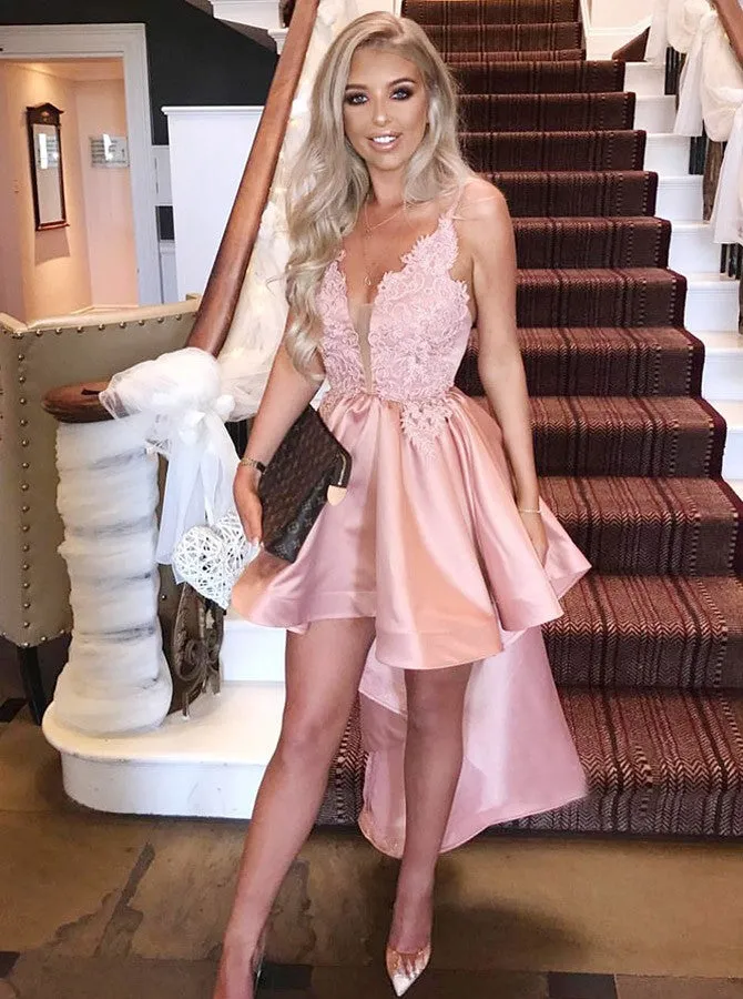 Pink V-neck Spaghetti Straps Homecoming Dresses,High Low Applique Homecoming Dresses
