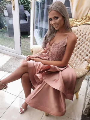 Pink V-neck Spaghetti Straps Homecoming Dresses,High Low Applique Homecoming Dresses