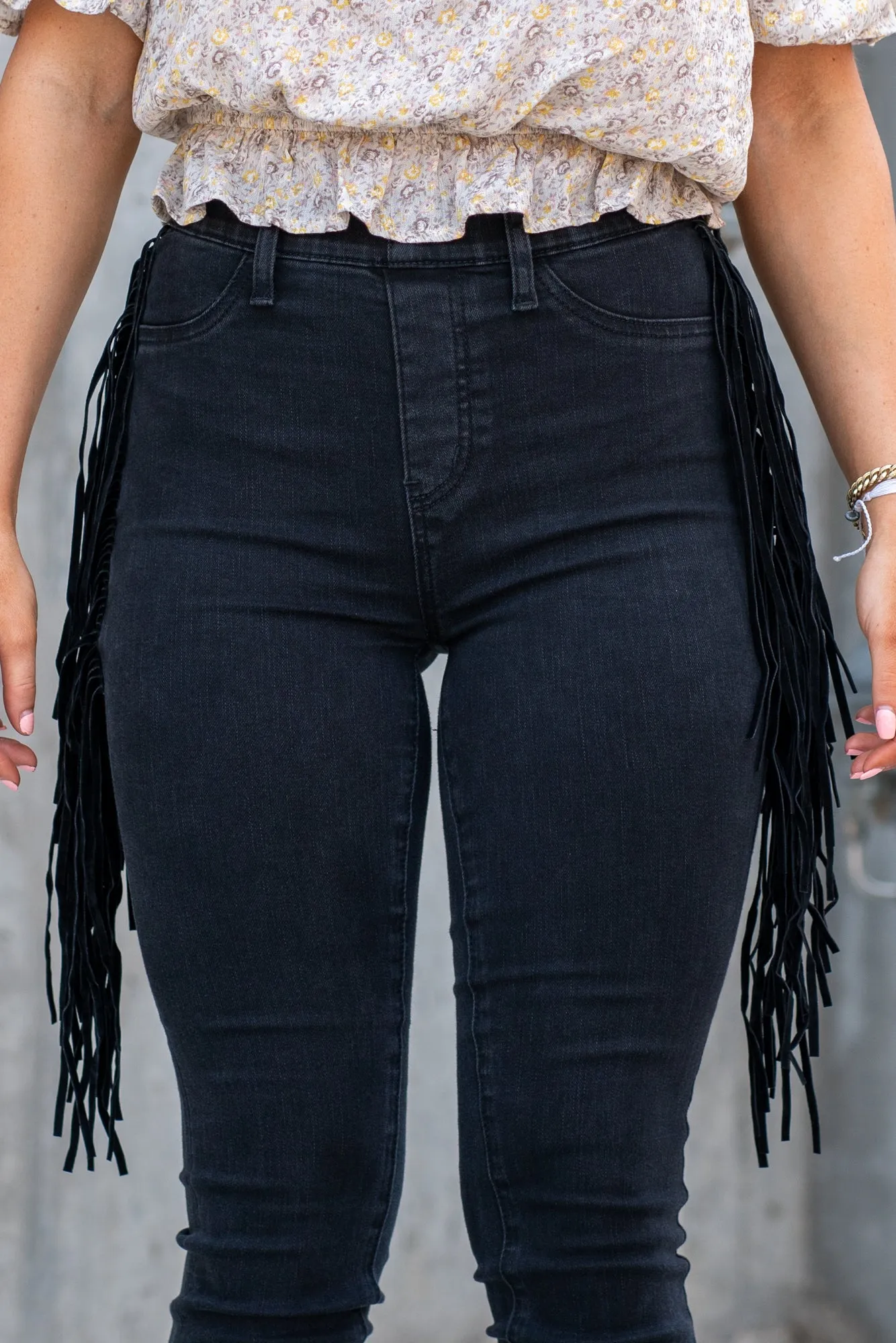 Plus Size Black Fringe High Rise Pull On Skinny Jegging