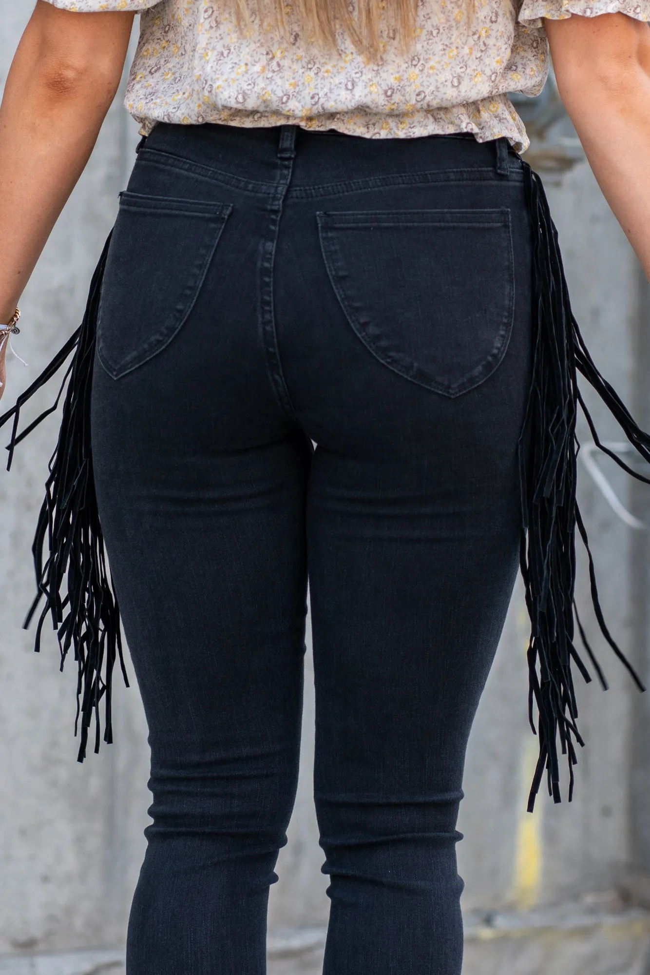 Plus Size Black Fringe High Rise Pull On Skinny Jegging