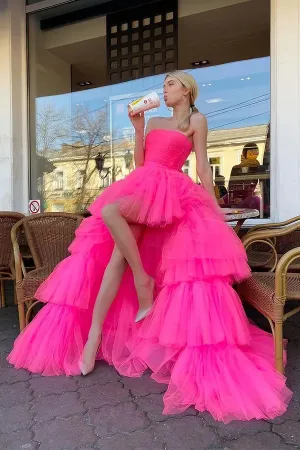 Princess A Line High Low Strapless Pink Tulle Long Prom Dres APP0723