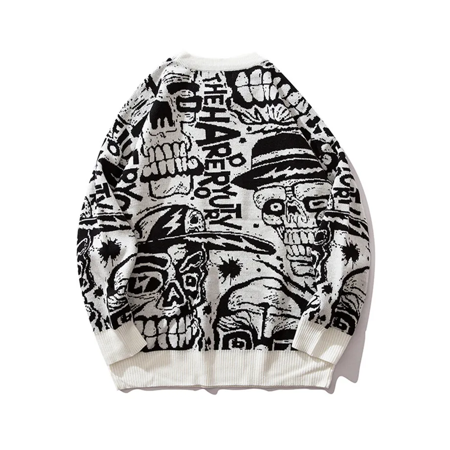 "SKULL" Crewneck Pull Blanc tricoté - URB1™