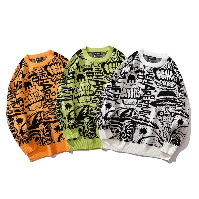 "SKULL" Crewneck Pull Blanc tricoté - URB1™