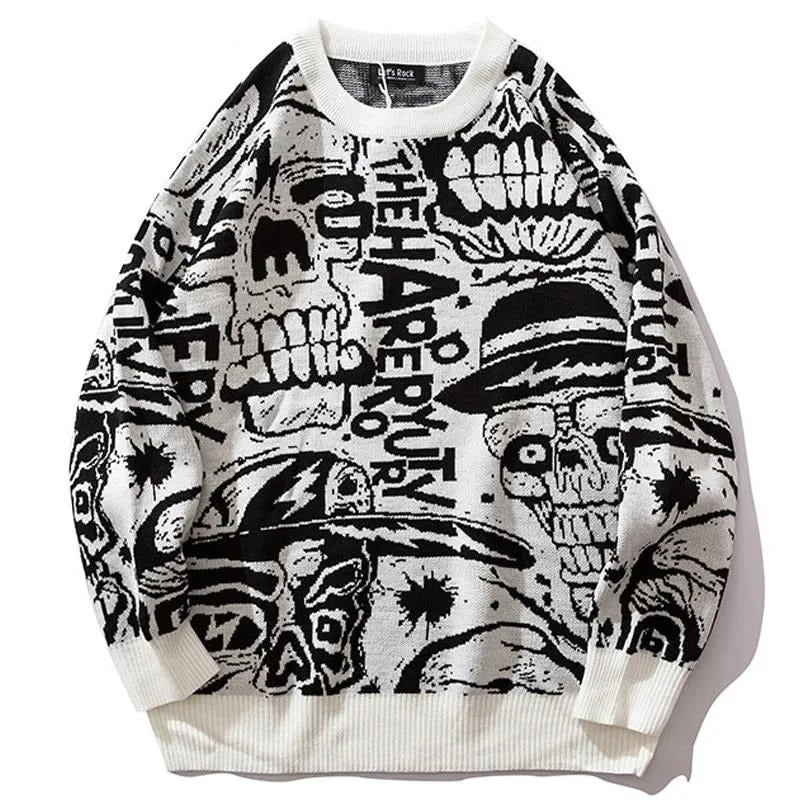 "SKULL" Crewneck Pull Blanc tricoté - URB1™