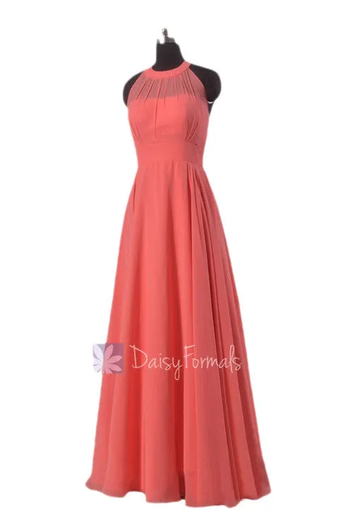 Reserved Link for Megan's 7 Dresses(shipping cost included)---Floor Length Chiffon Bridesmaid Dress Coral Formal Dress W/Illusion Neckline(CST2225L)