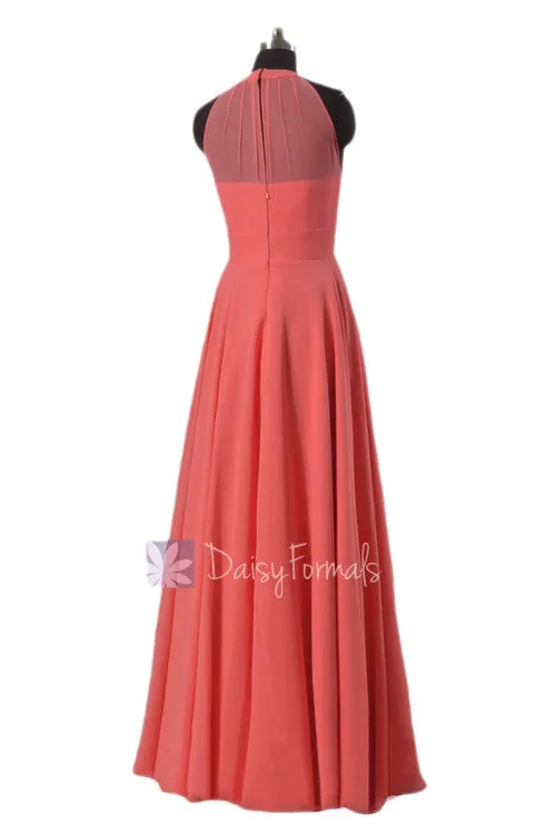 Reserved Link for Megan's 7 Dresses(shipping cost included)---Floor Length Chiffon Bridesmaid Dress Coral Formal Dress W/Illusion Neckline(CST2225L)