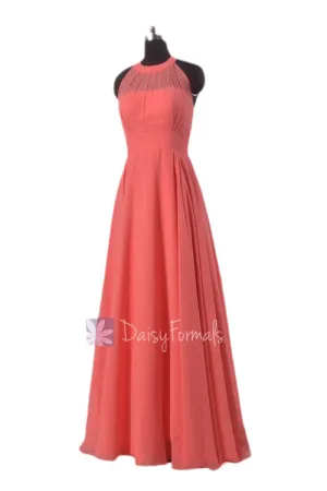 Reserved Link for Megan's 7 Dresses(shipping cost included)---Floor Length Chiffon Bridesmaid Dress Coral Formal Dress W/Illusion Neckline(CST2225L)