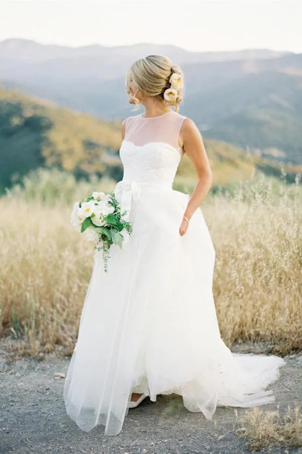 Roycebridal Elegant White Tulle High Neck Floor Length Wedding Dresses, Bridal Gowns, MB144
