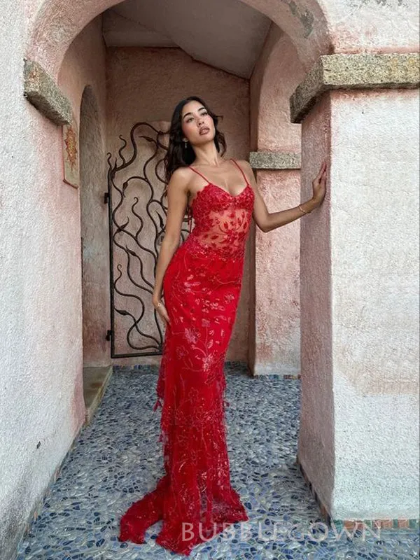 See Through Red Lace Mermaid Long Prom Dresses, Spaghetti Straps V-neck Prom Dress, BGS0469