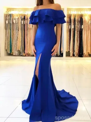 Sexy Mermaid Royal Blue Off Shoulder High Slit Long Prom Dresses Online,12603