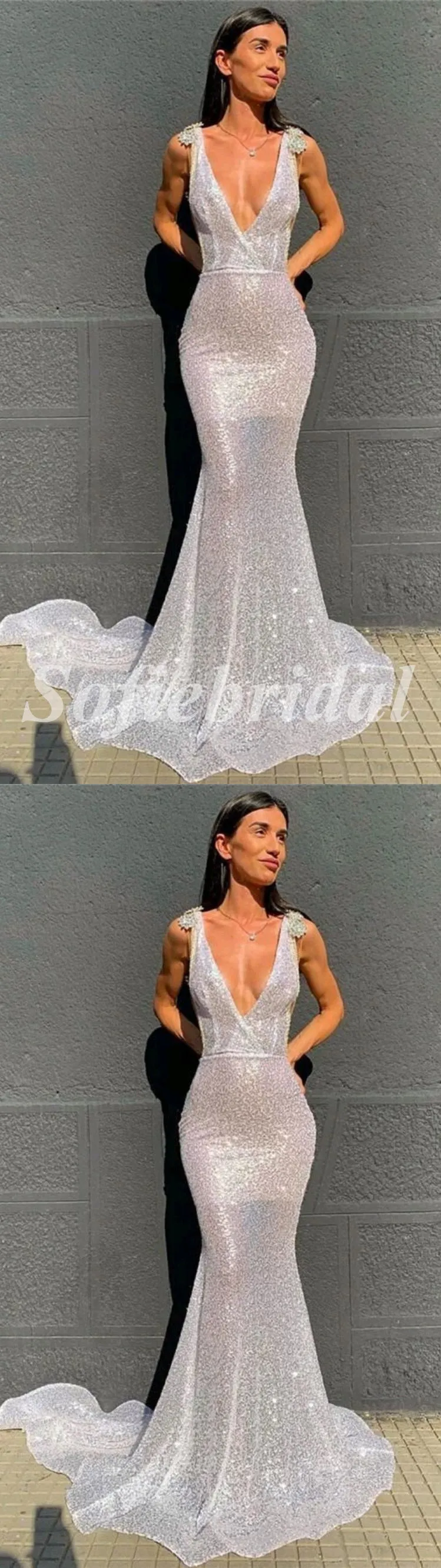 Sexy Shiny Special Fabric Spaghetti Straps Deep V-Neck Sleeveless Mermaid Long Prom Dresses, PD0818