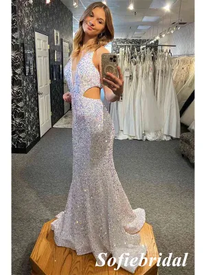 Sexy White Sequin Halter V-Neck Sleeveless Backless Mermaid Long Prom Dresses, PD0984