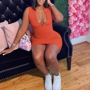 Solid Deep V-Neck Zipper Design Bodycon Dress