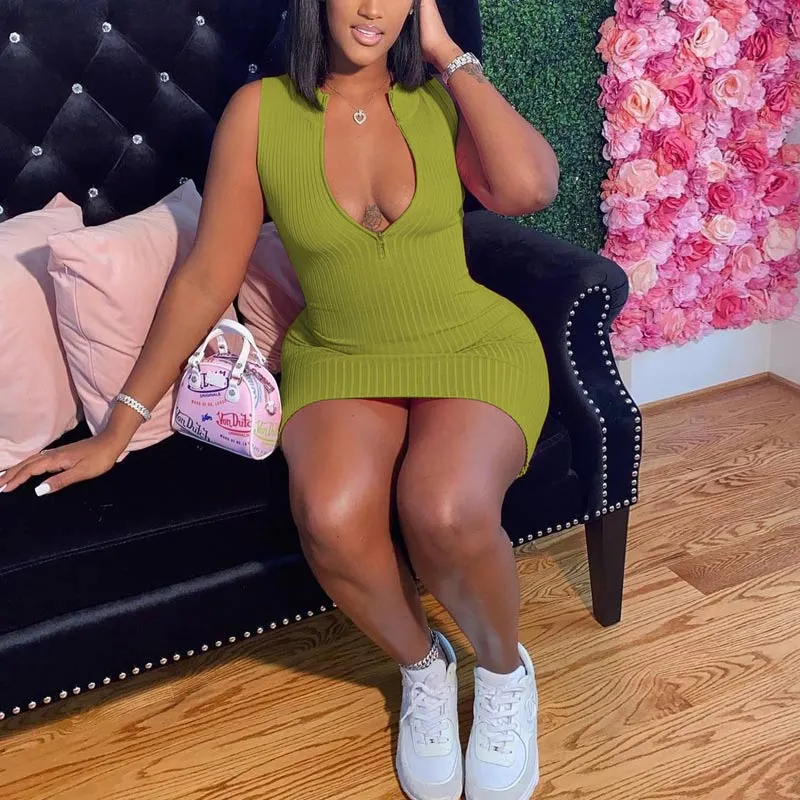 Solid Deep V-Neck Zipper Design Bodycon Dress