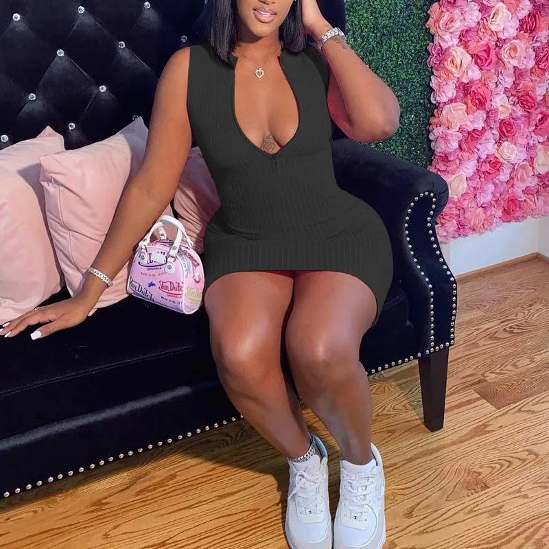 Solid Deep V-Neck Zipper Design Bodycon Dress