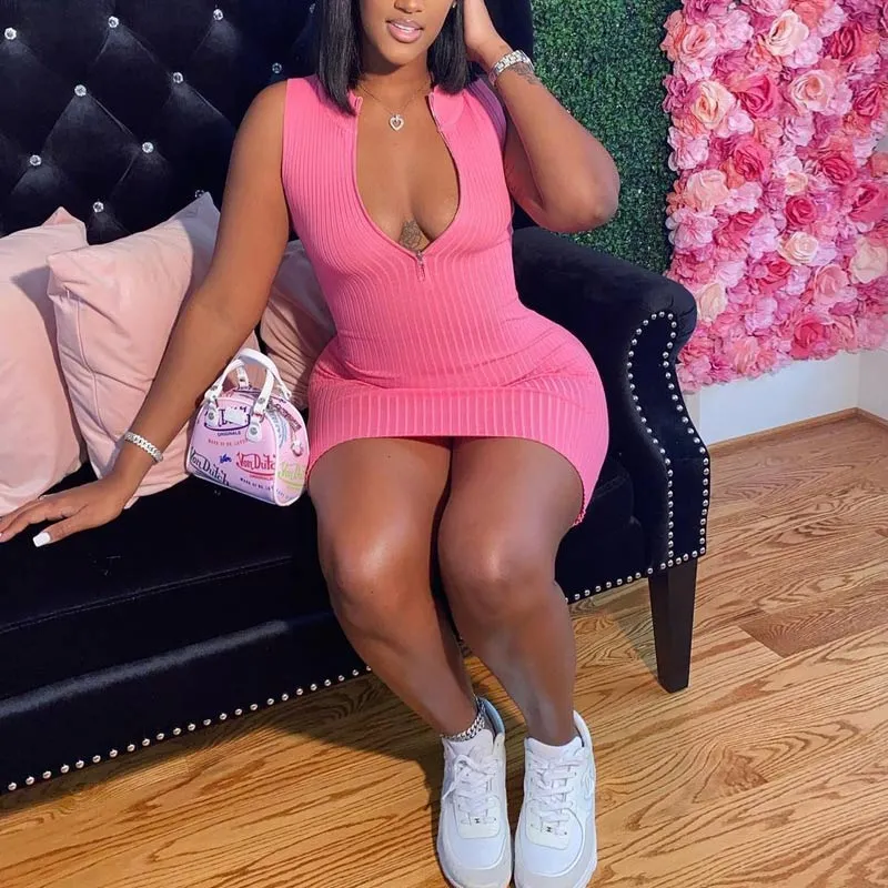 Solid Deep V-Neck Zipper Design Bodycon Dress