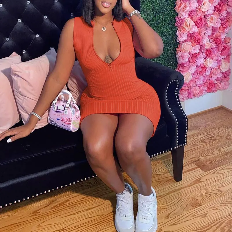Solid Deep V-Neck Zipper Design Bodycon Dress