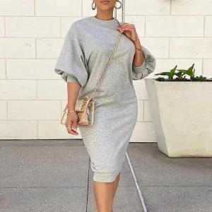 Solid Round Neck Lantern Sleeve Casual Dress