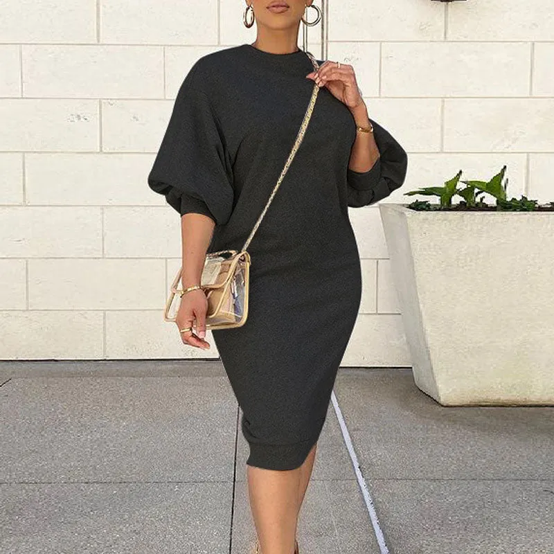 Solid Round Neck Lantern Sleeve Casual Dress